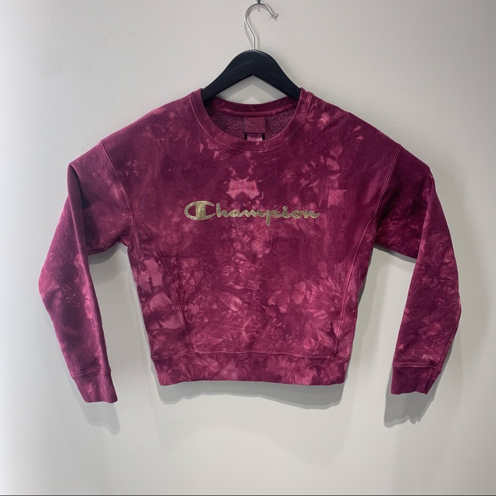 Champion Reverse Weave Size S Purple Pink Gold Tie-Dye Cropped Sweatshirt NWT